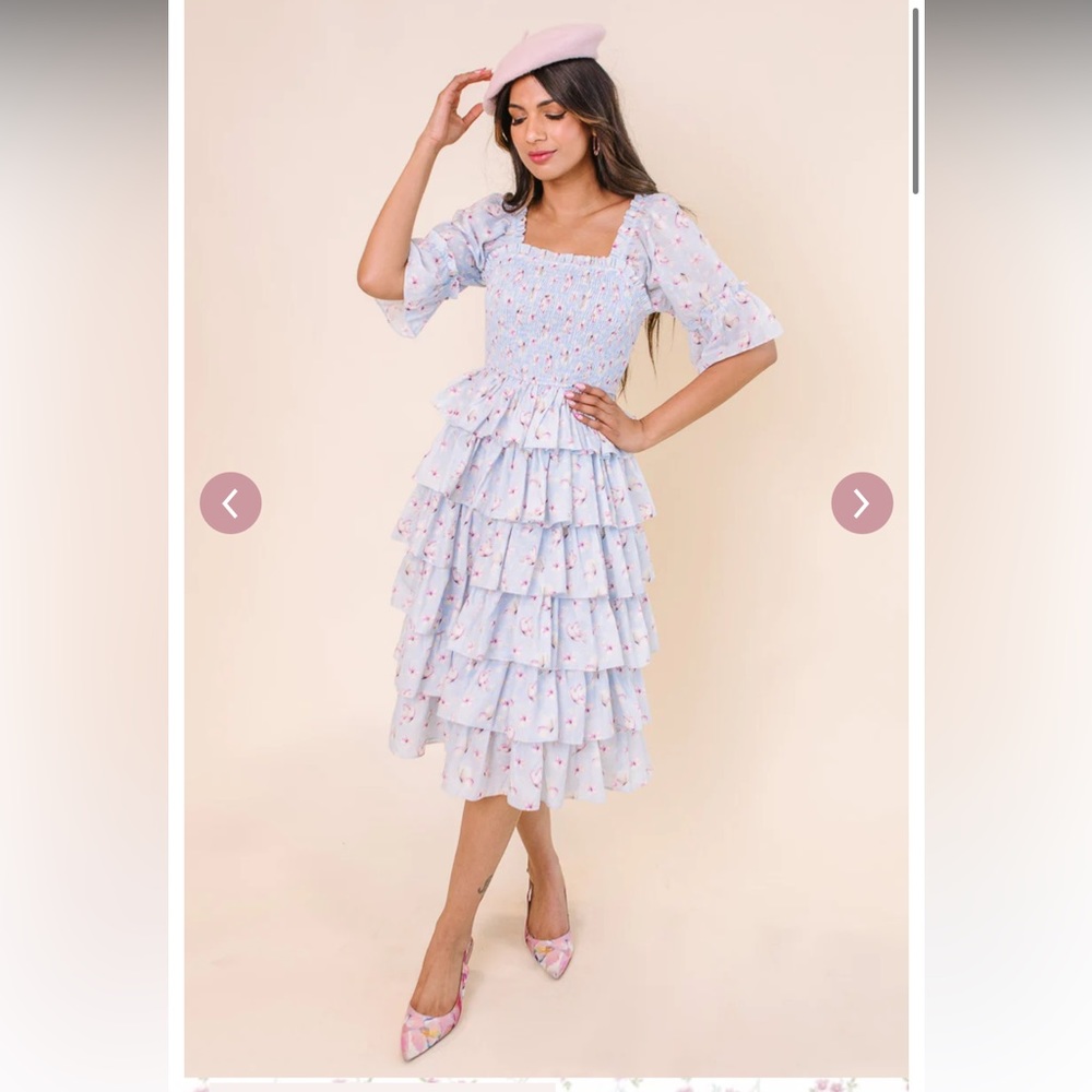 Blue Floral Frilly tiered Midi Dress